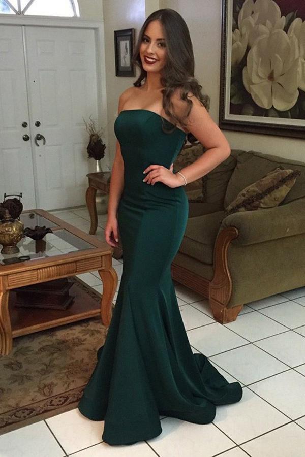 Dark Green Elastic Satin Mermaid Strapless Prom Dress