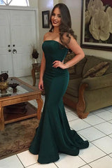 Dark Green Elastic Satin Mermaid Strapless Prom Dress