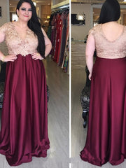 A-Line V-Neck Satin Long Plus Size Prom Dress with Applique