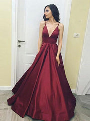 A-Line Deep V-Neck Satin Burgundy Long Prom Dress with Pockets