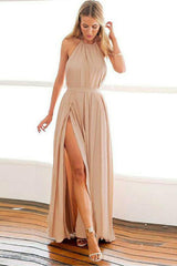 Backless Blush Chiffon Halter Long Prom Dress