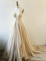 Elegant Spaghetti Straps A-Line V-Neck Lace Long Prom Dress