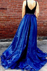 A-Line V-Neck Beaded Waist Dark Blue Organza Prom Dress with Slit