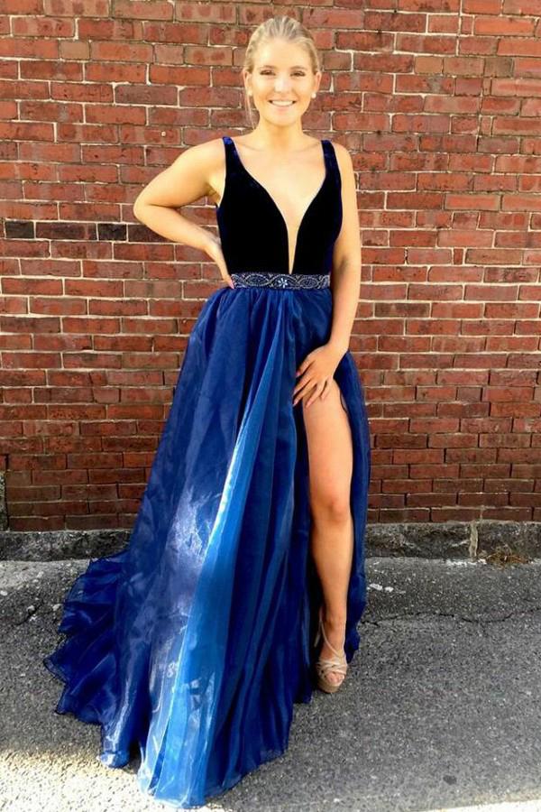 A-Line V-Neck Beaded Waist Dark Blue Organza Prom Dress with Slit