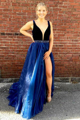A-Line V-Neck Beaded Waist Dark Blue Organza Prom Dress with Slit