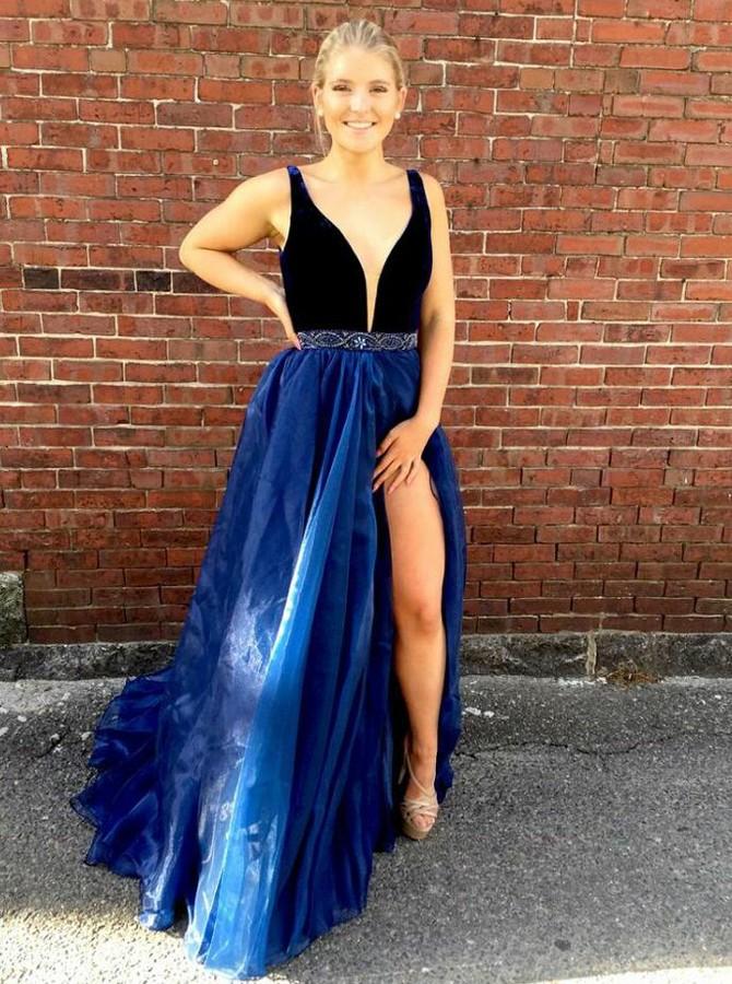 A-Line V-Neck Beaded Waist Dark Blue Organza Prom Dress with Slit