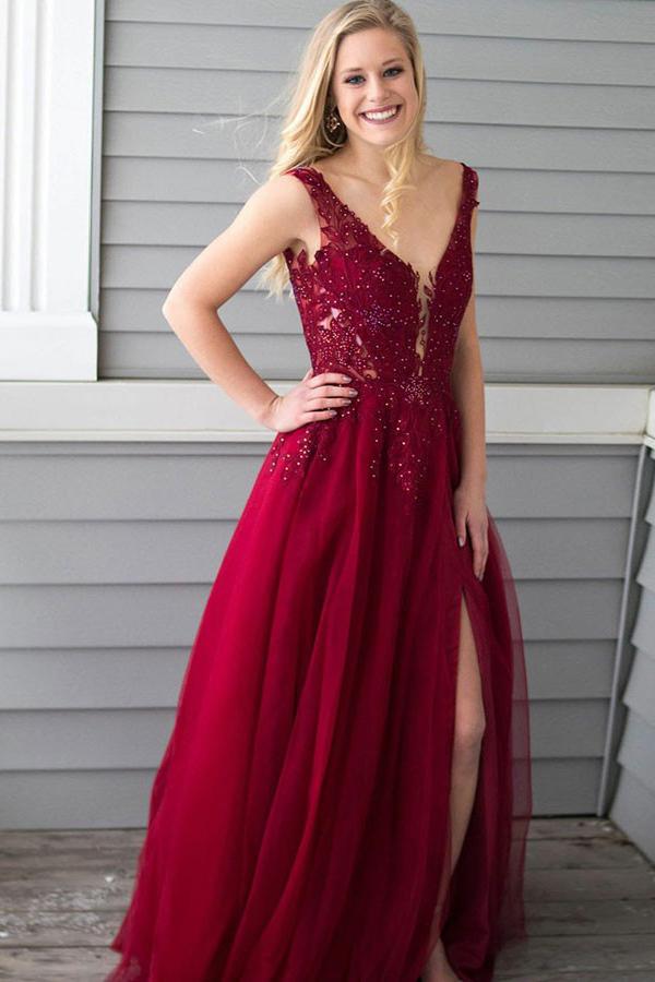 Burgundy A-Line V-Neck Applique Beaded Long Prom Dress with Slit