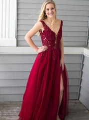 Burgundy A-Line V-Neck Applique Beaded Long Prom Dress with Slit