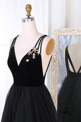 A-Line Sequins Tulle Prom Dress, Star Sequins Evening Dress with Tiered