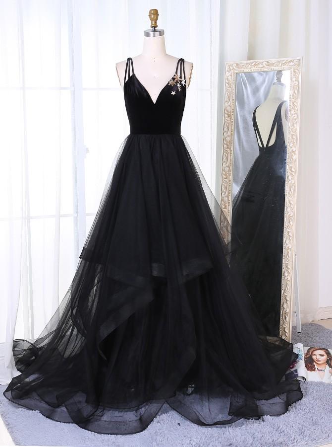 A-Line Sequins Tulle Prom Dress, Star Sequins Evening Dress with Tiered
