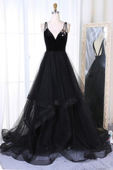 A-Line Sequins Tulle Prom Dress, Star Sequins Evening Dress with Tiered