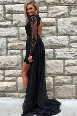 Black A-Line Lace Long Sleeve Prom Dress with Slit