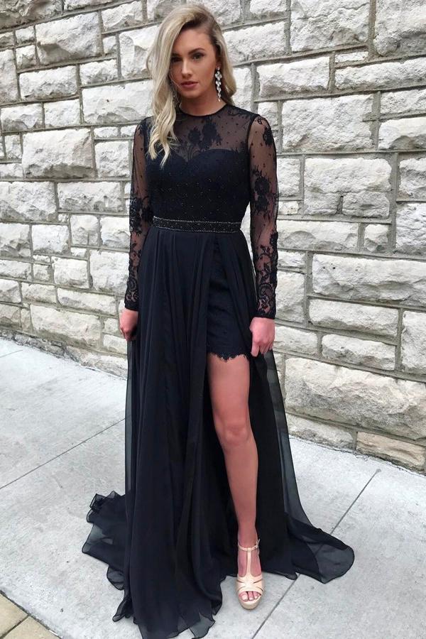 Black A-Line Lace Long Sleeve Prom Dress with Slit