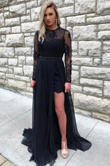 Black A-Line Lace Long Sleeve Prom Dress with Slit