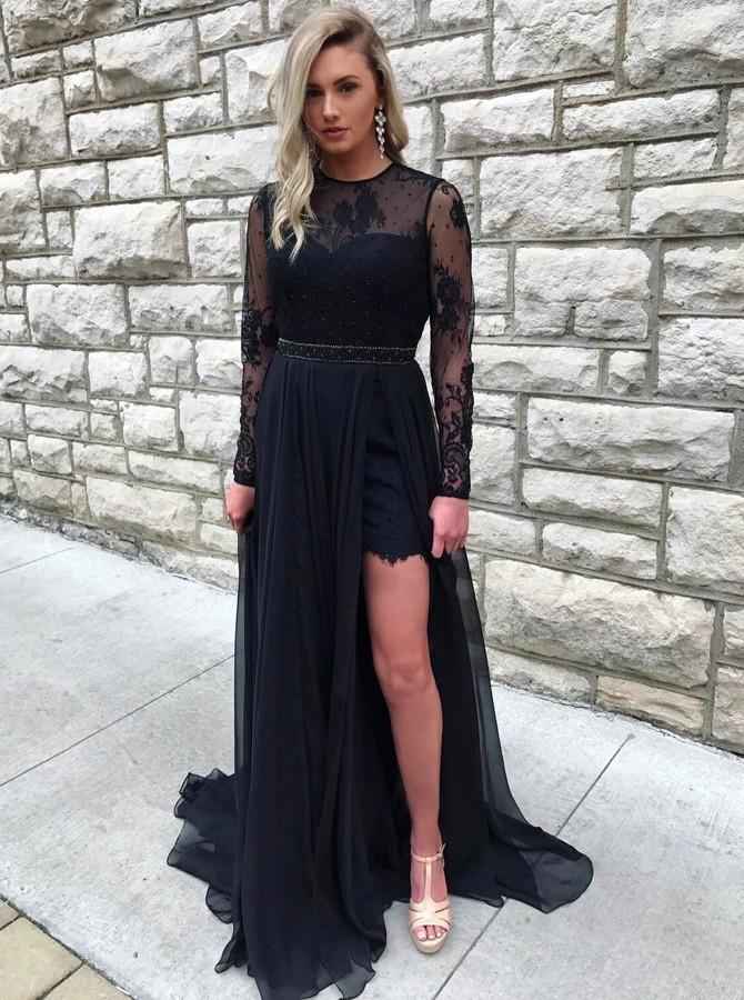 Black A-Line Lace Long Sleeve Prom Dress with Slit