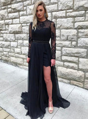 Black A-Line Lace Long Sleeve Prom Dress with Slit