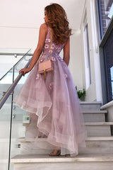 A-Line V-Neck Hi-Lo Lilac Prom Dress with Flowers