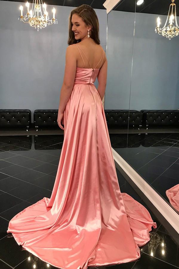 Coral Pink Long Prom Dress Spaghetti Straps Slit Formal Gown
