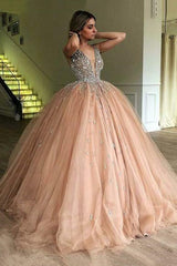 Ball Gown V-Neck Beaded Tulle Quinceanera Prom Dress