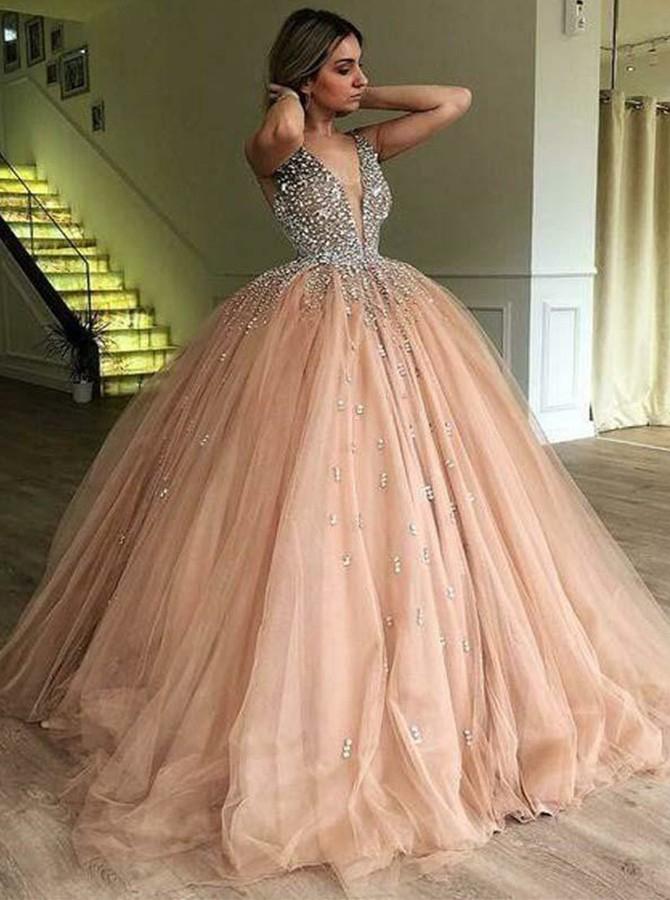 Ball Gown V-Neck Beaded Tulle Quinceanera Prom Dress