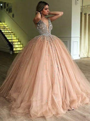 Ball Gown V-Neck Beaded Tulle Quinceanera Prom Dress