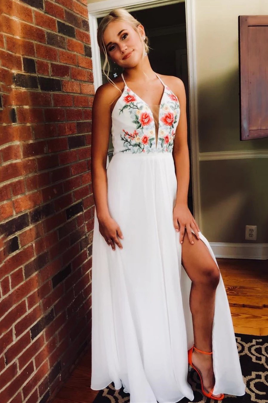 A-Line V-Neck Embroidered Chiffon White Long Prom Dress with Split