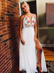 A-Line V-Neck Embroidered Chiffon White Long Prom Dress with Split