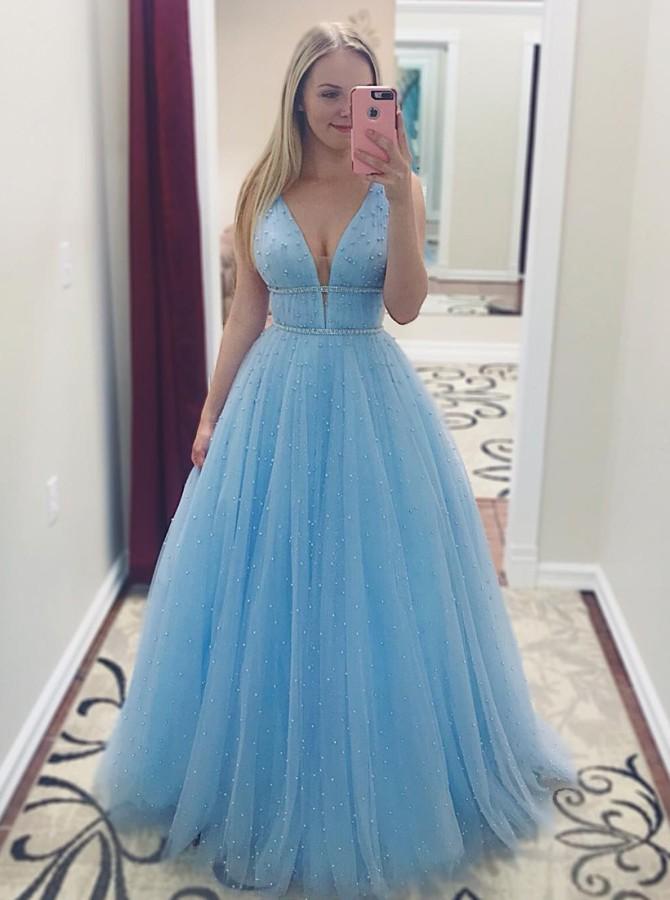 A-Line V-Neck Long Light Blue Prom Dress with Beading