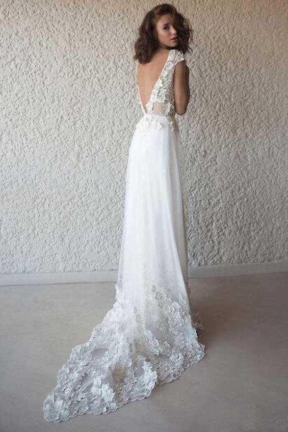 A-Line V-Neck Cap Sleeves Chiffon Beach Wedding Dresses with Appliques