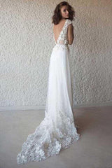 A-Line V-Neck Cap Sleeves Chiffon Beach Wedding Dresses with Appliques