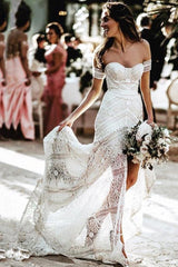 Ivory Sheath Lace Wedding Dresses, Sweetheart Split Beach Bridal Dress