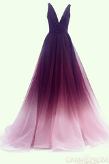 A-Line V-Neck Tulle Ombre Long Prom Dresses Simple Formal Gown
