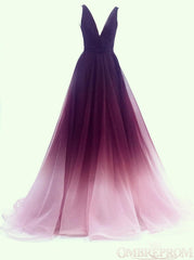 A-Line V-Neck Tulle Ombre Long Prom Dresses Simple Formal Gown