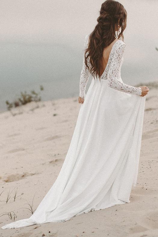 Lace Long Sleeve Wedding Dresses, Chiffon Beach Bridal Dress
