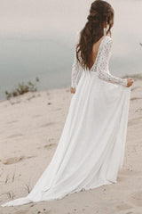 Lace Long Sleeve Wedding Dresses, Chiffon Beach Bridal Dress