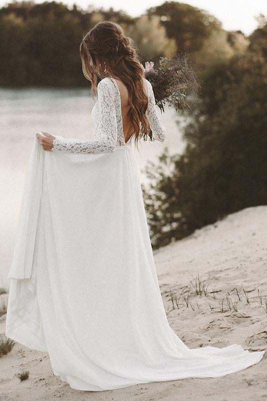 Lace Long Sleeve Wedding Dresses, Chiffon Beach Bridal Dress