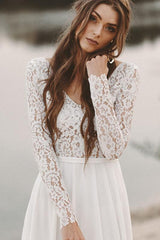 Lace Long Sleeve Wedding Dresses, Chiffon Beach Bridal Dress