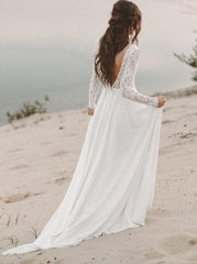 Lace Long Sleeve Wedding Dresses, Chiffon Beach Bridal Dress