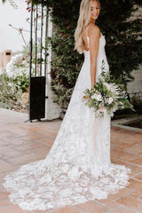 Beach Spaghetti Sheath Wedding Dresses, Rose Lace Boho Bridal Gown