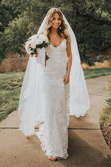 Beach Spaghetti Sheath Wedding Dresses, Rose Lace Boho Bridal Gown