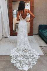 Beach Spaghetti Sheath Wedding Dresses, Rose Lace Boho Bridal Gown