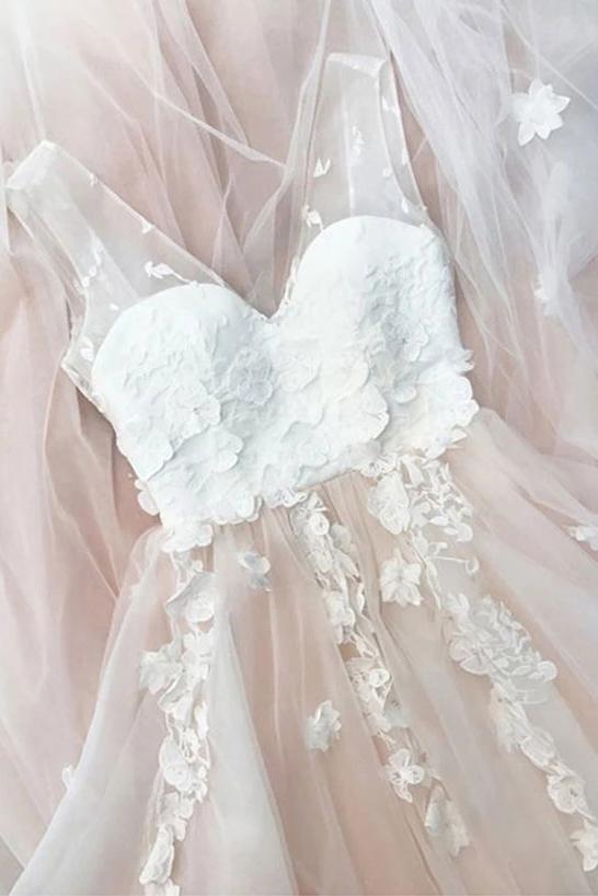 A-Line V-Neck Beach Wedding Dresses, Backless Bridal Gown with Appliques