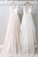 A-Line V-Neck Beach Wedding Dresses, Backless Bridal Gown with Appliques