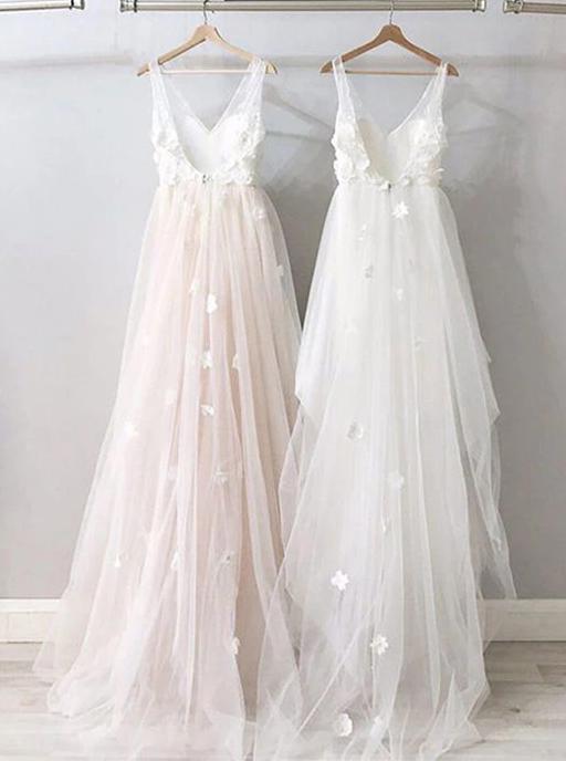 A-Line V-Neck Beach Wedding Dresses, Backless Bridal Gown with Appliques