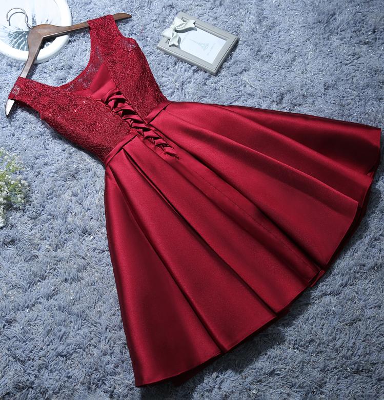 Burgundy Short Satin Lace A-Line Evening Homecoming Dress