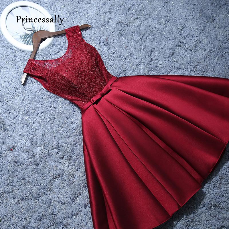Burgundy Short Satin Lace A-Line Evening Homecoming Dress