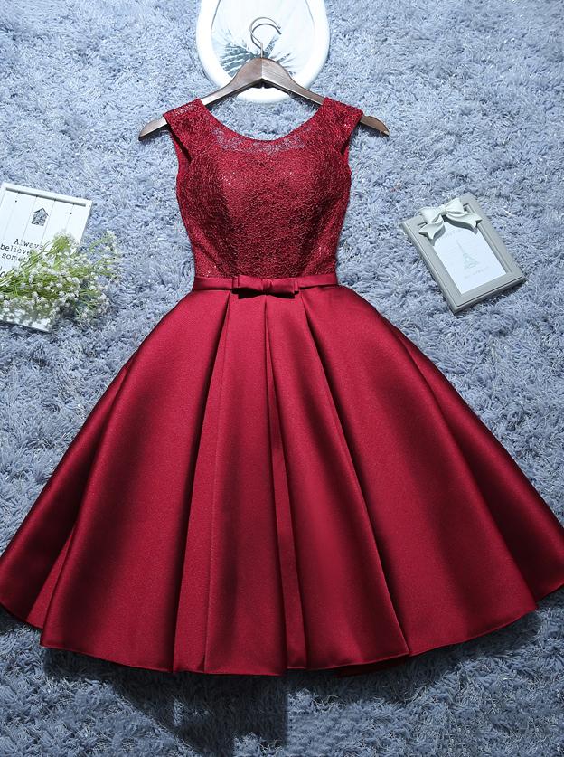 Burgundy Short Satin Lace A-Line Evening Homecoming Dress