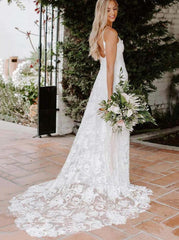 Beach Spaghetti Sheath Wedding Dresses, Rose Lace Boho Bridal Gown