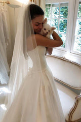 Simple Satin Strapless Wedding Dresses, Long Bridal Dress with Pockets