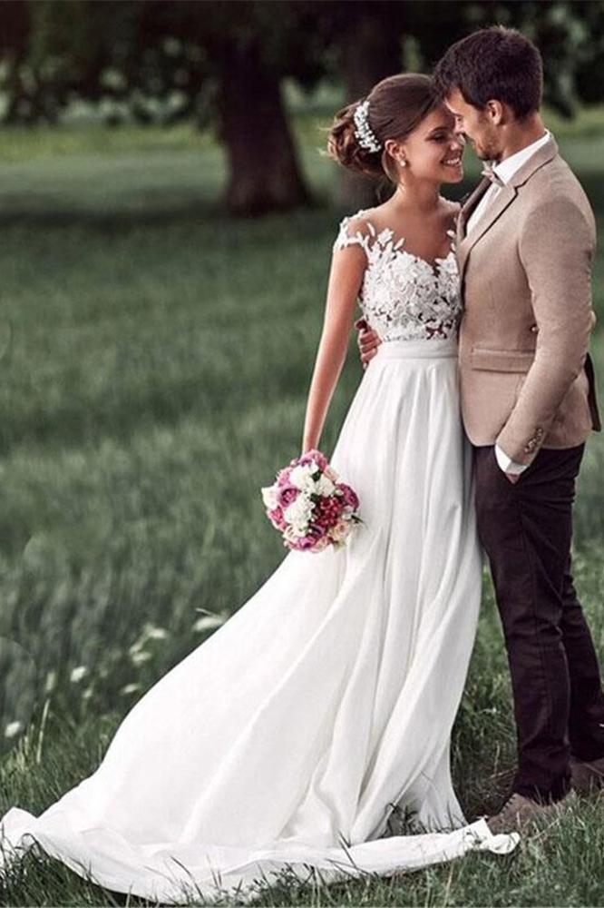 Lace Appliques Wedding Dresses, Cap-Sleeves Beach Bridal Gown